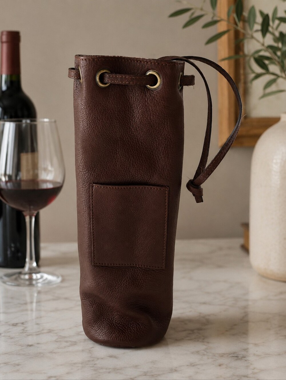 Bellino Leather Wine Bottle Carrier Brown Drawstring Travel Tote Barware Holder